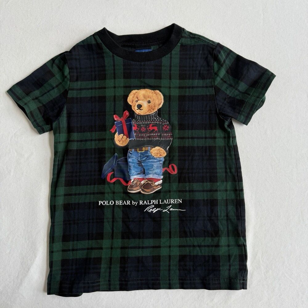 Polo Ralph Lauren Boy’s Christmas Teddy Bear Plaid Tartan T-Shirt Sz 5 Holiday